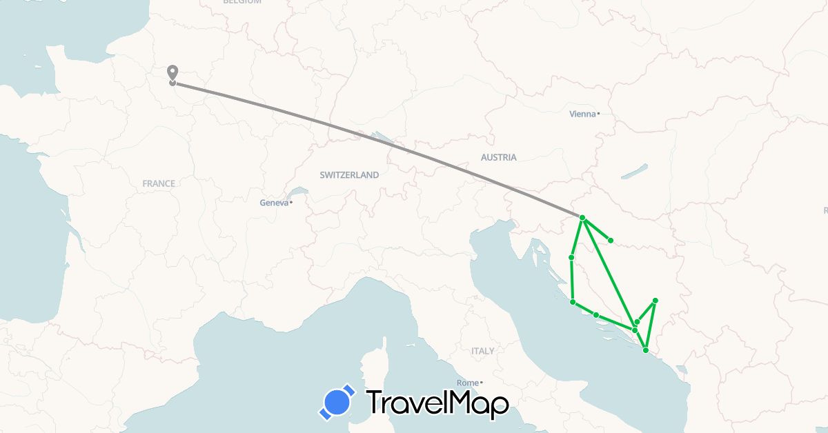TravelMap itinerary: driving, bus, plane in Bosnia and Herzegovina, France, Croatia (Europe)